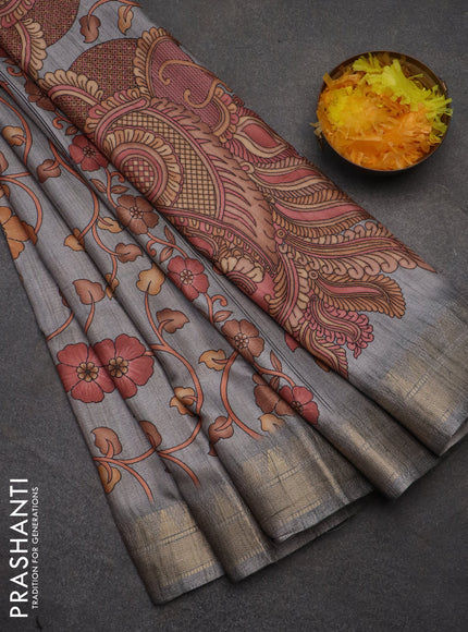 Semi tussar saree grey with allover floral prints and zari woven border