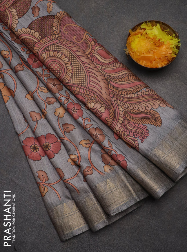 Semi tussar saree grey with allover floral prints and zari woven border
