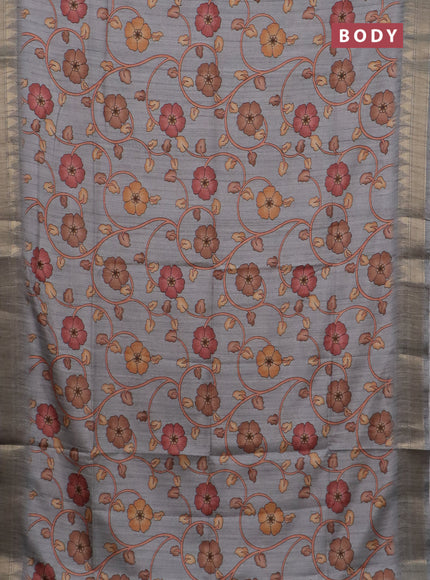 Semi tussar saree grey with allover floral prints and zari woven border