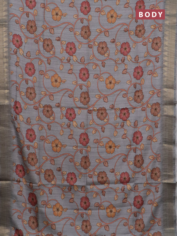 Semi tussar saree grey with allover floral prints and zari woven border