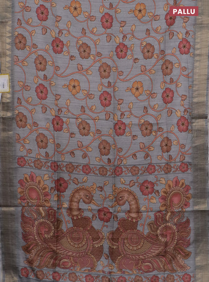 Semi tussar saree grey with allover floral prints and zari woven border