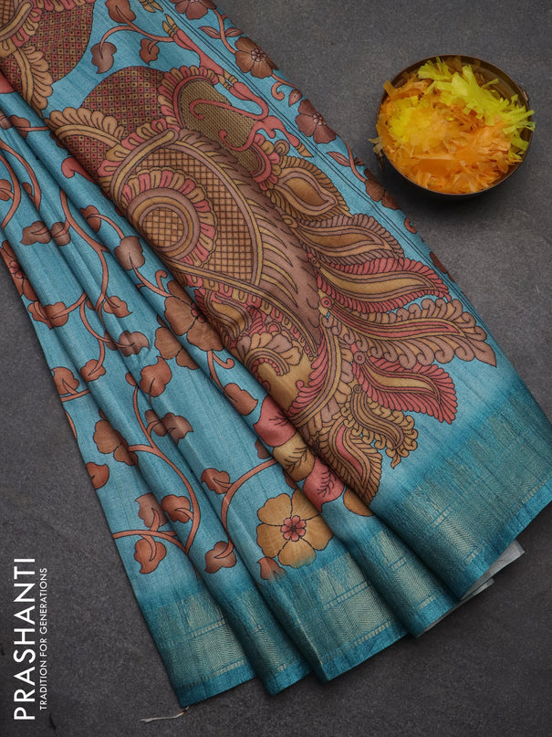 Semi tussar saree pastel blue with allover floral prints and zari woven border