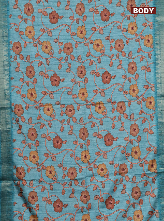Semi tussar saree pastel blue with allover floral prints and zari woven border