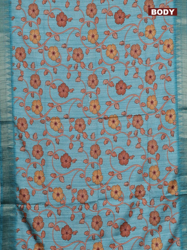 Semi tussar saree pastel blue with allover floral prints and zari woven border