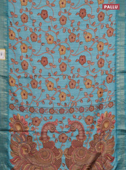 Semi tussar saree pastel blue with allover floral prints and zari woven border