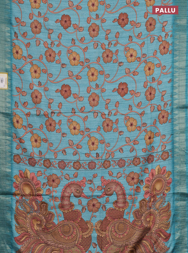 Semi tussar saree pastel blue with allover floral prints and zari woven border