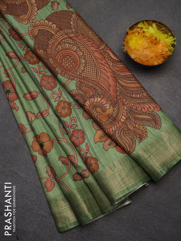 Semi tussar saree light green with allover floral prints and zari woven border