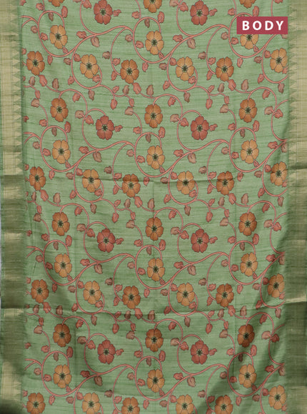 Semi tussar saree light green with allover floral prints and zari woven border