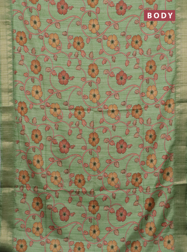 Semi tussar saree light green with allover floral prints and zari woven border