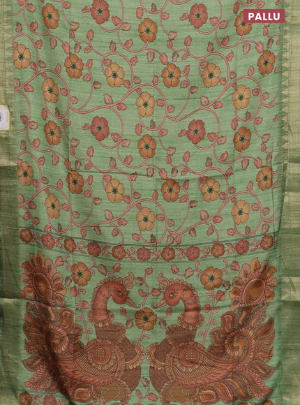 Semi tussar saree light green with allover floral prints and zari woven border