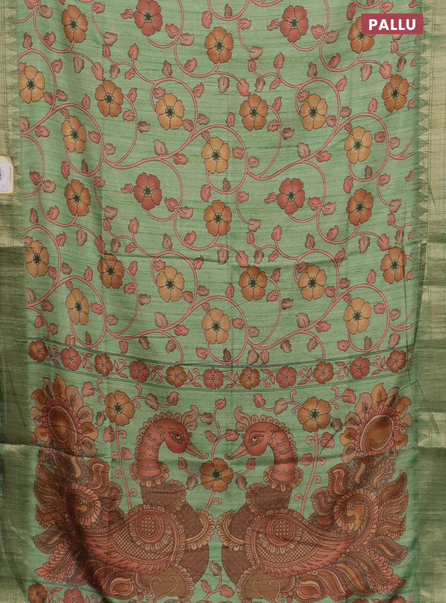 Semi tussar saree light green with allover floral prints and zari woven border