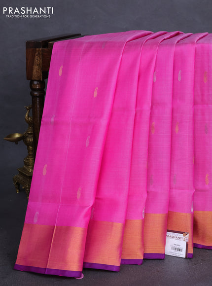 Pure uppada silk saree light pink and blue with silver & gold zari woven paisley buttas and jamdhani design pallu