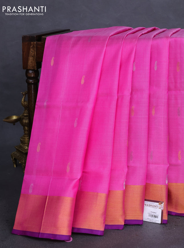 Pure uppada silk saree light pink and blue with silver & gold zari woven paisley buttas and jamdhani design pallu