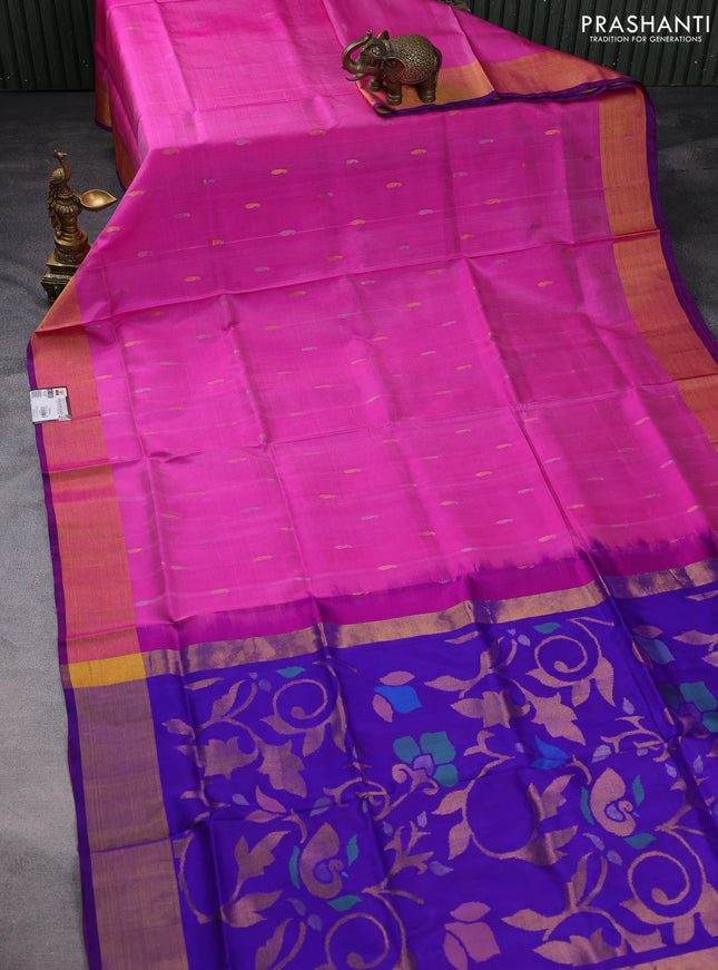 Pure uppada silk saree light pink and blue with silver & gold zari woven paisley buttas and jamdhani design pallu