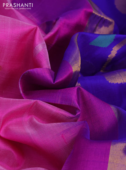 Pure uppada silk saree light pink and blue with silver & gold zari woven paisley buttas and jamdhani design pallu