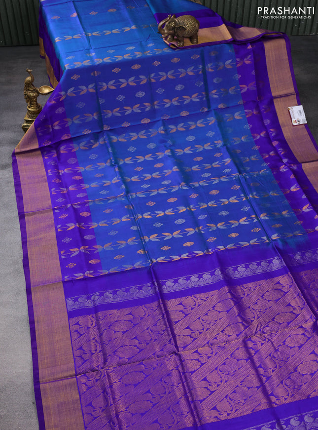 Pure uppada silk saree blue and violet with allover zari weaves & buttas and zari woven border