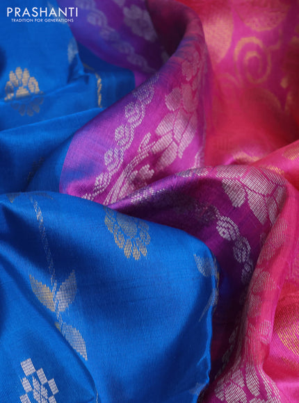 Pure uppada silk saree cs blue and pink with allover zari weaves & buttas and zari woven border