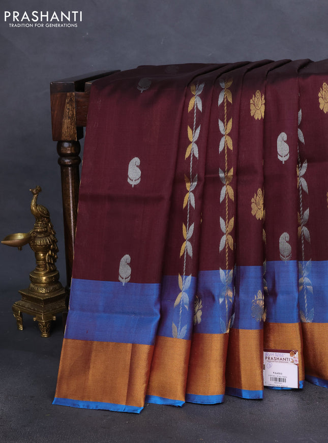 Pure uppada silk saree coffee brown and cs blue with allover zari weaves & buttas and zari woven border