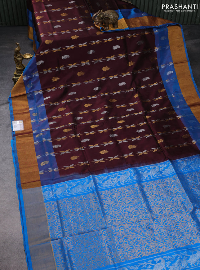 Pure uppada silk saree coffee brown and cs blue with allover zari weaves & buttas and zari woven border