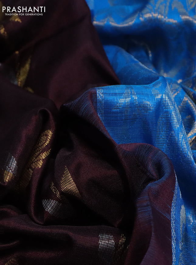 Pure uppada silk saree coffee brown and cs blue with allover zari weaves & buttas and zari woven border