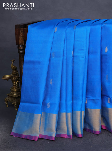 Pure uppada silk saree cs blue and pink with silver & gold zari woven leaf buttas and jamdhani design pallu