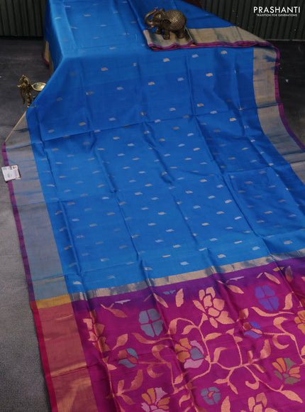 Pure uppada silk saree cs blue and pink with silver & gold zari woven leaf buttas and jamdhani design pallu