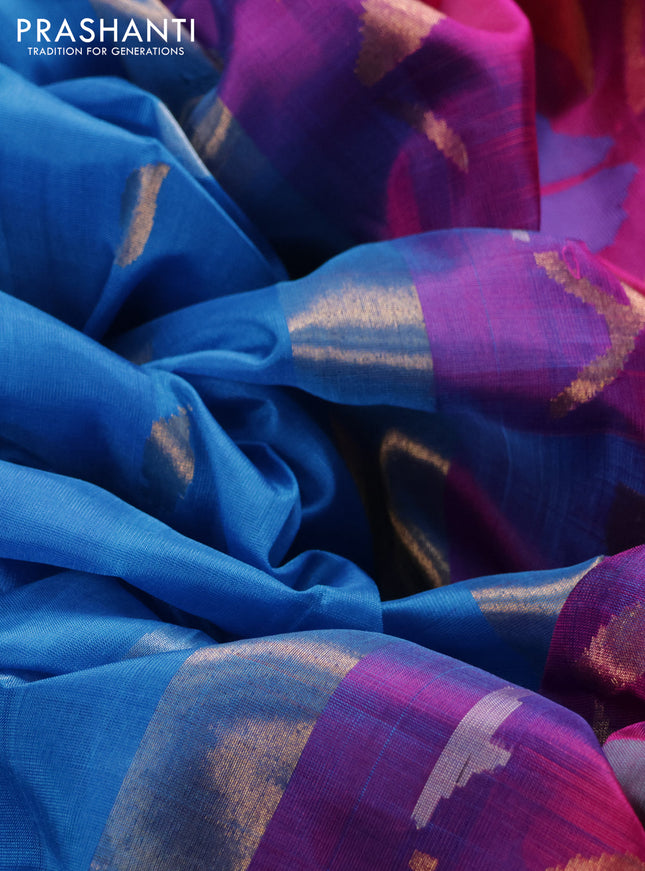 Pure uppada silk saree cs blue and pink with silver & gold zari woven leaf buttas and jamdhani design pallu