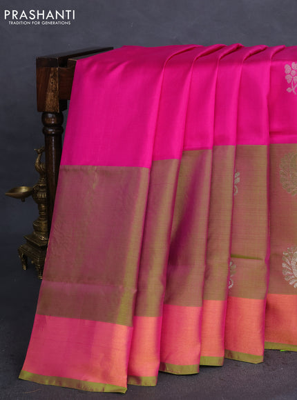 Pure uppada silk saree pink and light green with silver & gold zari woven buttas and long zari woven border