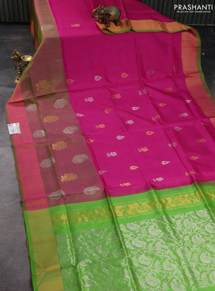 Pure uppada silk saree pink and light green with silver & gold zari woven buttas and long zari woven border