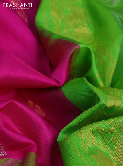 Pure uppada silk saree pink and light green with silver & gold zari woven buttas and long zari woven border