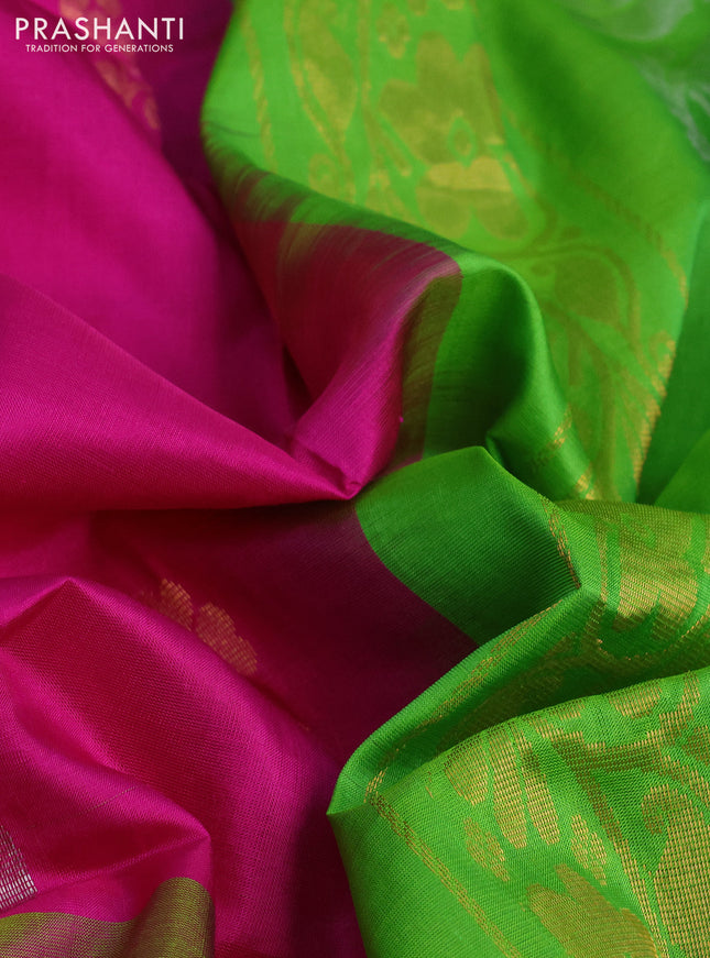 Pure uppada silk saree pink and light green with silver & gold zari woven buttas and long zari woven border