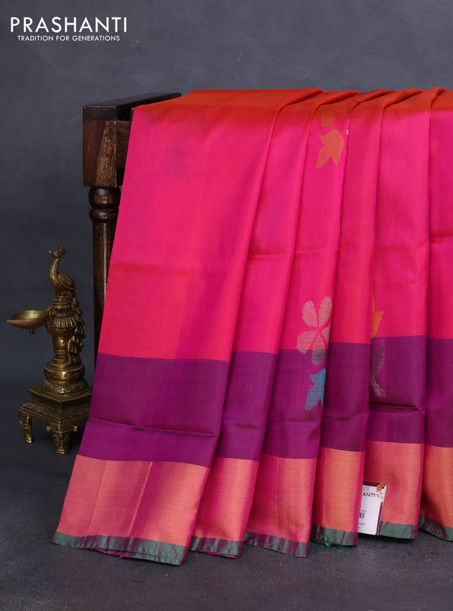 Pure uppada silk saree dual shade of pinkish orange and green with floral jamdhani buttas and jamdhani design pallu
