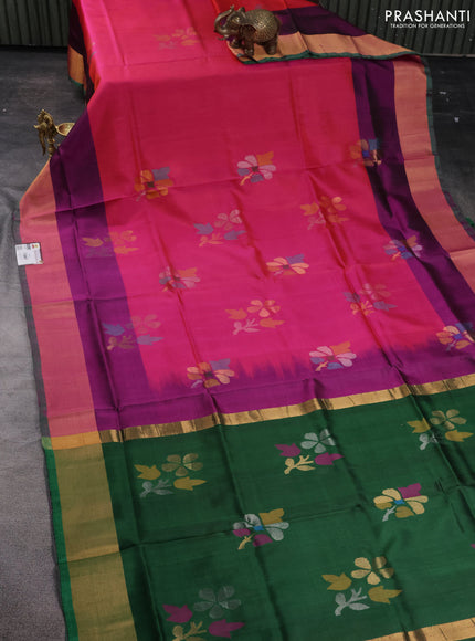 Pure uppada silk saree dual shade of pinkish orange and green with floral jamdhani buttas and jamdhani design pallu