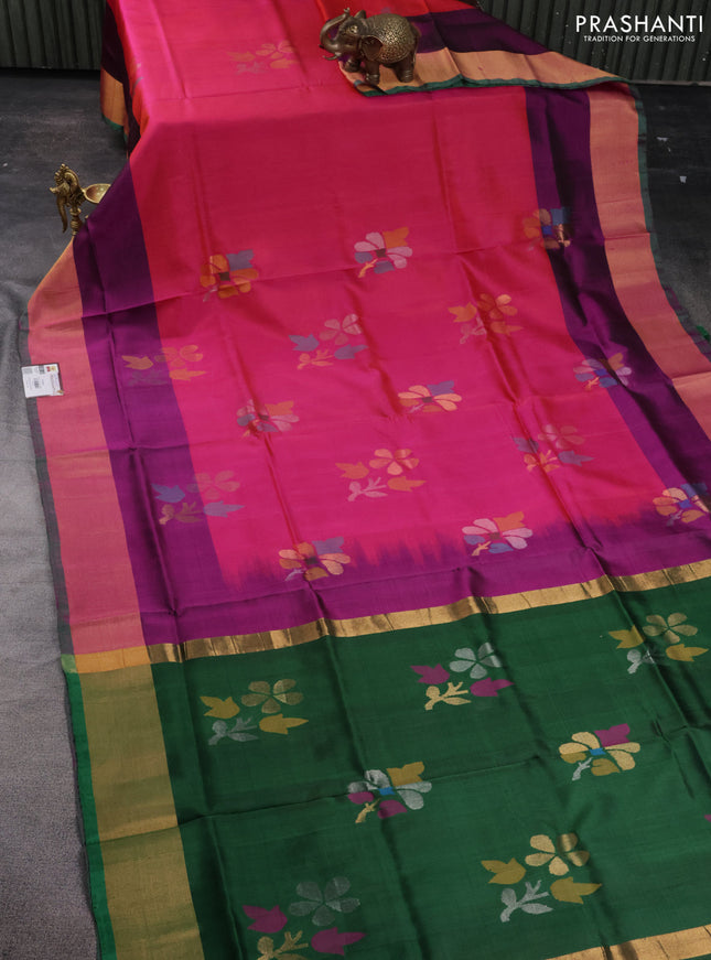 Pure uppada silk saree dual shade of pinkish orange and green with floral jamdhani buttas and jamdhani design pallu