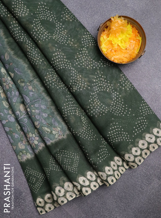 Semi linen saree pastel green and green with allover kalamkari prints and bandhani printed pallu