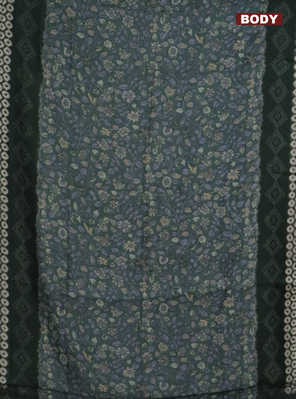 Semi linen saree pastel green and green with allover kalamkari prints and bandhani printed pallu