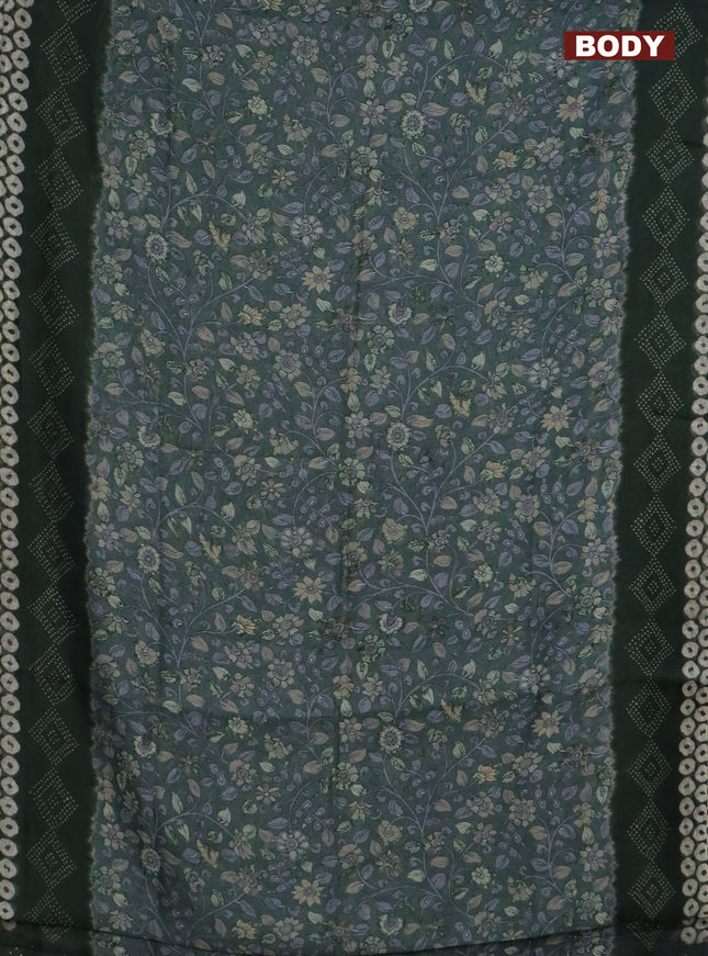 Semi linen saree pastel green and green with allover kalamkari prints and bandhani printed pallu