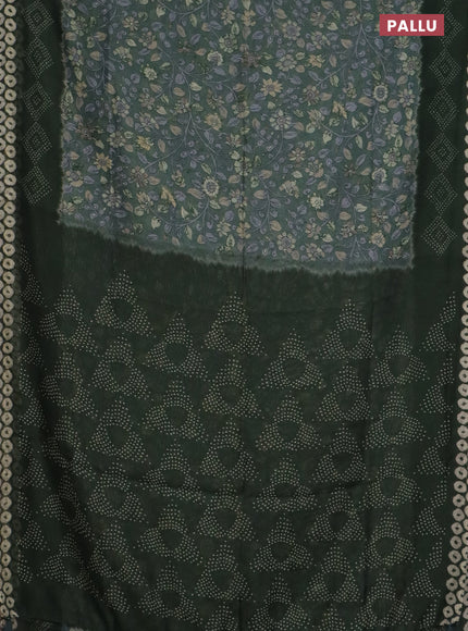 Semi linen saree pastel green and green with allover kalamkari prints and bandhani printed pallu