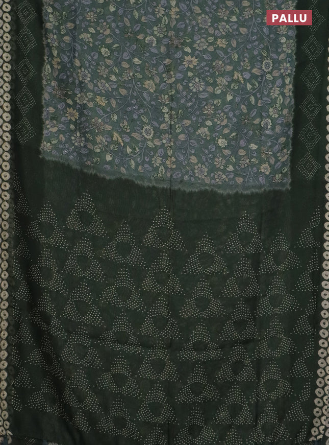 Semi linen saree pastel green and green with allover kalamkari prints and bandhani printed pallu