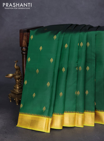 Pure kanchipuram silk saree green and lime green with woven zari buttas and temple design zari woven border
