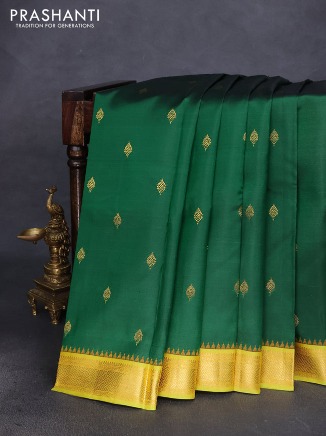 Pure kanchipuram silk saree green and lime green with woven zari buttas and temple design zari woven border