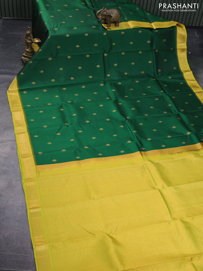 Pure kanchipuram silk saree green and lime green with woven zari buttas and temple design zari woven border