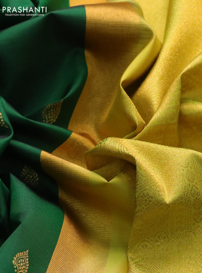 Pure kanchipuram silk saree green and lime green with woven zari buttas and temple design zari woven border