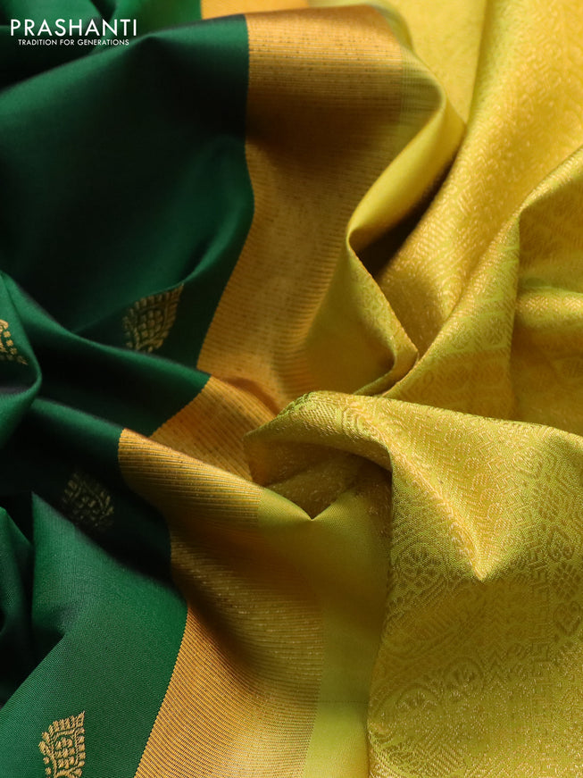 Pure kanchipuram silk saree green and lime green with woven zari buttas and temple design zari woven border