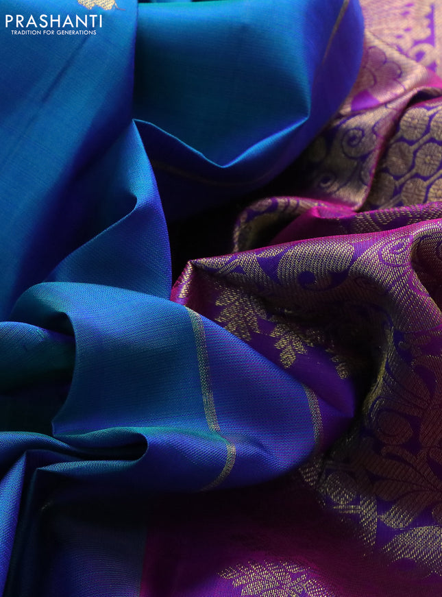 Pure kanchipuram silk saree dual shade of bluish green and dual shade of purple with woven zari buttas and zari woven border