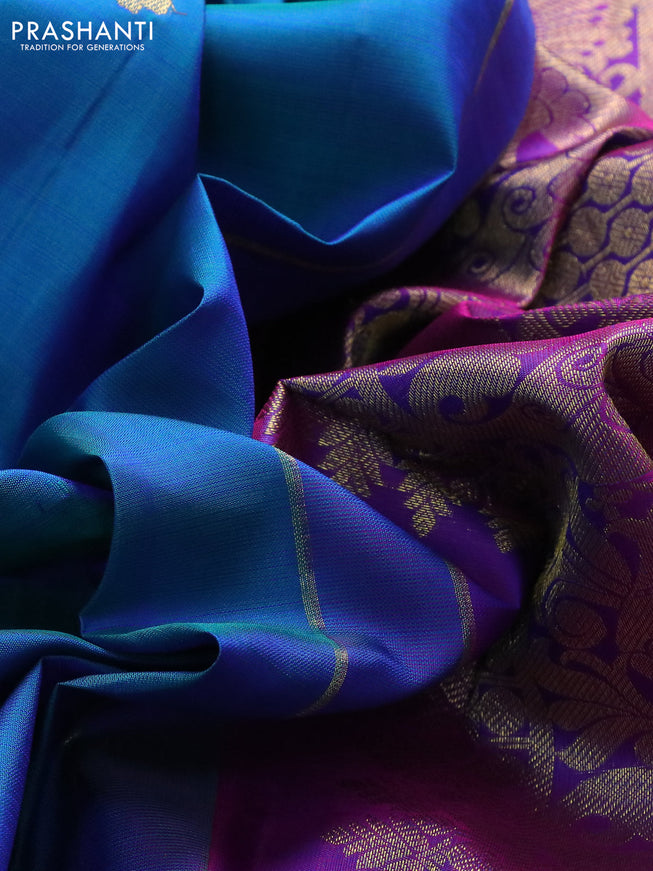 Pure kanchipuram silk saree dual shade of bluish green and dual shade of purple with woven zari buttas and zari woven border