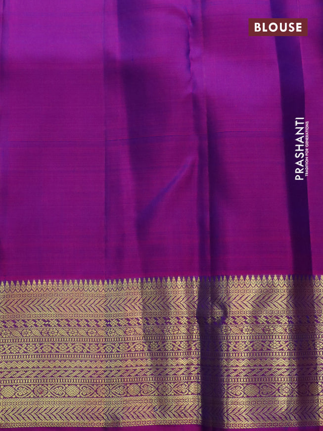 Pure kanchipuram silk saree dual shade of bluish green and dual shade of purple with woven zari buttas and zari woven border