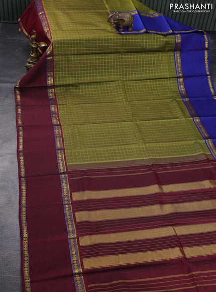 Pure kanchipuram silk saree mehendi green with allover zari checked pattern and ganga jamuna border