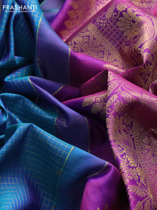 Pure kanchipuram silk saree dual shade of teal blue and dual shade of purple with allover zari checks & zari paisley buttas and zari woven border