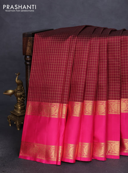 Pure kanchipuram silk saree maroon and pink with allover zari checked pattern and long rettapet zari woven border